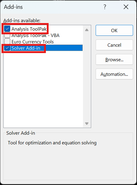 Enabling Data Analysis & Solver Add-ins for Excel (Office 365)